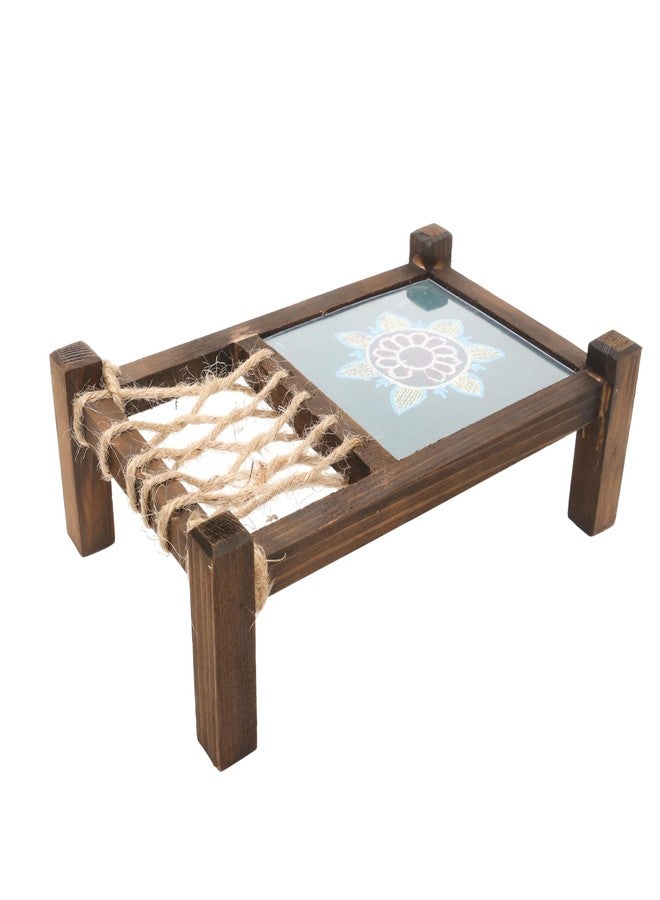 Indha Handcrafted Mini Charpai Coaster Set | Wooden Table Décor for Dining & Living Room | Hand Embroidered Dupion Silk Coasters | Quirky Home Decor & Festive Gift Idea (Teal Green) - Image 2