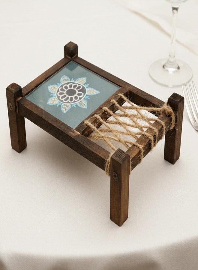 Indha Handcrafted Mini Charpai Coaster Set | Wooden Table Décor for Dining & Living Room | Hand Embroidered Dupion Silk Coasters | Quirky Home Decor & Festive Gift Idea (Teal Green) - Image 1