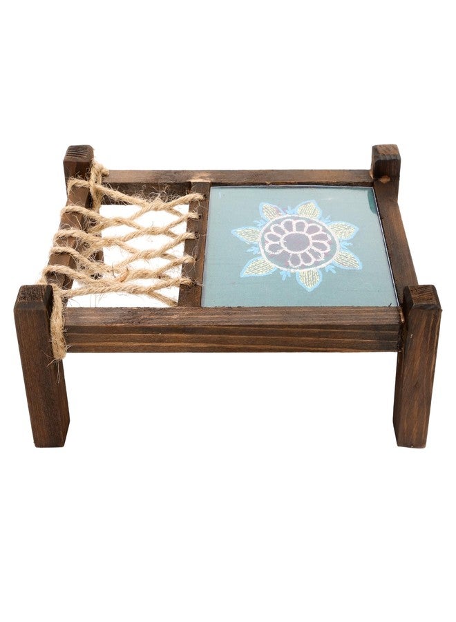 Indha Handcrafted Mini Charpai Coaster Set | Wooden Table Décor for Dining & Living Room | Hand Embroidered Dupion Silk Coasters | Quirky Home Decor & Festive Gift Idea (Teal Green) - Image 5