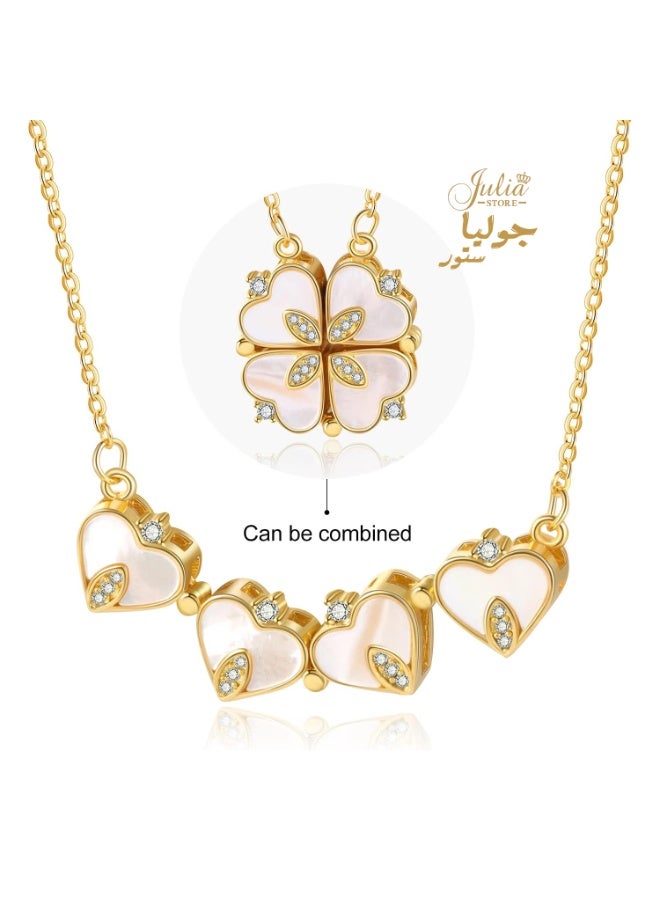 جوليا ستور قلادة 2 في 1 من الفولاذ المقاوم للصدأ مطلية بالذهب عيار 18 قيراطًا على شكل زهرة محظوظة على شكل أربع أوراق صدفية على شكل قلب قابلة للطي - Image 2