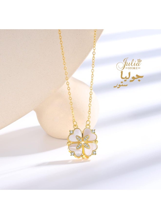 جوليا ستور قلادة 2 في 1 من الفولاذ المقاوم للصدأ مطلية بالذهب عيار 18 قيراطًا على شكل زهرة محظوظة على شكل أربع أوراق صدفية على شكل قلب قابلة للطي - Image 1