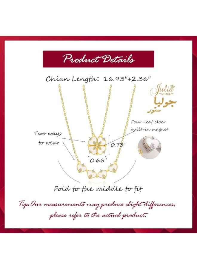 جوليا ستور قلادة 2 في 1 من الفولاذ المقاوم للصدأ مطلية بالذهب عيار 18 قيراطًا على شكل زهرة محظوظة على شكل أربع أوراق صدفية على شكل قلب قابلة للطي - Image 3