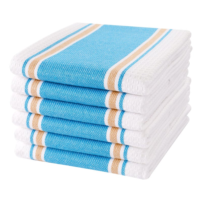 Goroly Home 6 Pack 100% Cotton Farmhouse Vintage Dish Towels Tea Towels Highly Absorbent Quick Dry Professional Grade with Hanging Loop - Twill Waffle - 18x28 Inch - Turquoise Blue - Image 1