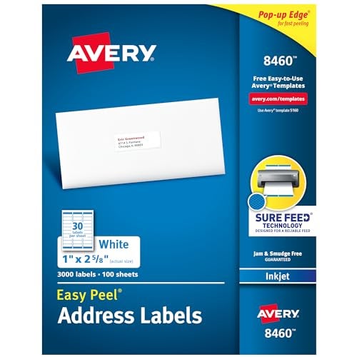Avery Easy Peel Printable Address Labels with Sure Feed, 1" x 2-5/8" Customizable Stickers, White, 3,000 Blank Mailing Labels, Great for Mailing, Shipping, and More (8460) - Image 1