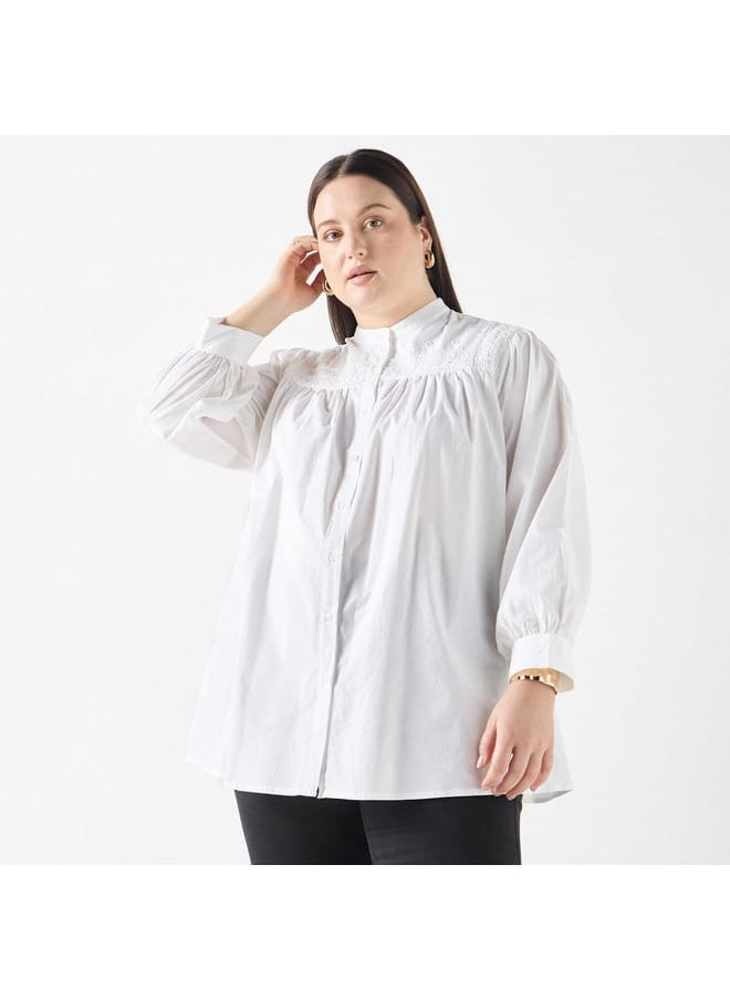 Ulla Popken Plus Size Ulla Popken Embellished Shirt with Mandarin Collar and Long Sleeves  - Image 1