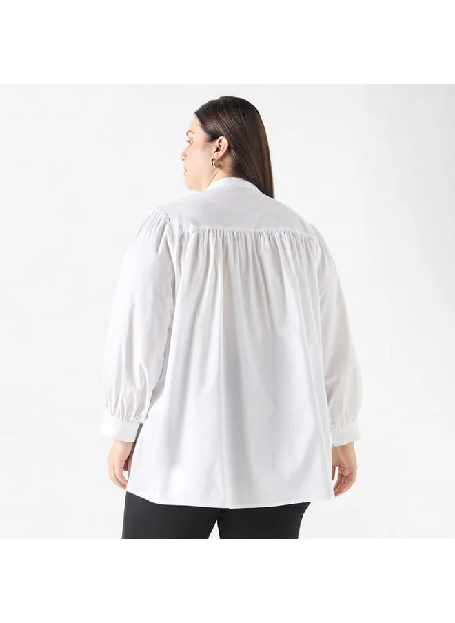 Ulla Popken Plus Size Ulla Popken Embellished Shirt with Mandarin Collar and Long Sleeves