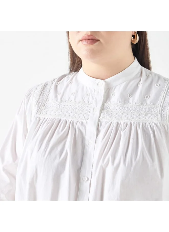 Ulla Popken Plus Size Ulla Popken Embellished Shirt with Mandarin Collar and Long Sleeves