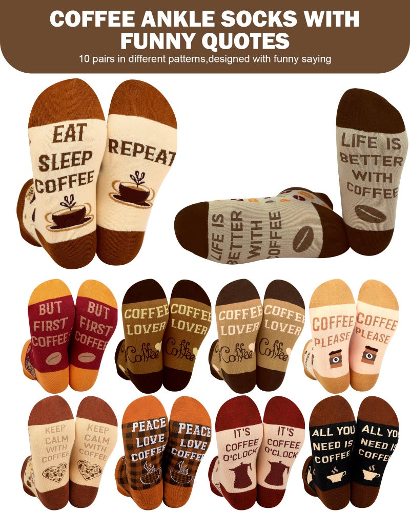 Halfchet 10 Pairs Coffee Socks for Women Barista Coffee Lover Gifts Novelty Cotton Ankle Socks Gift - Image 2
