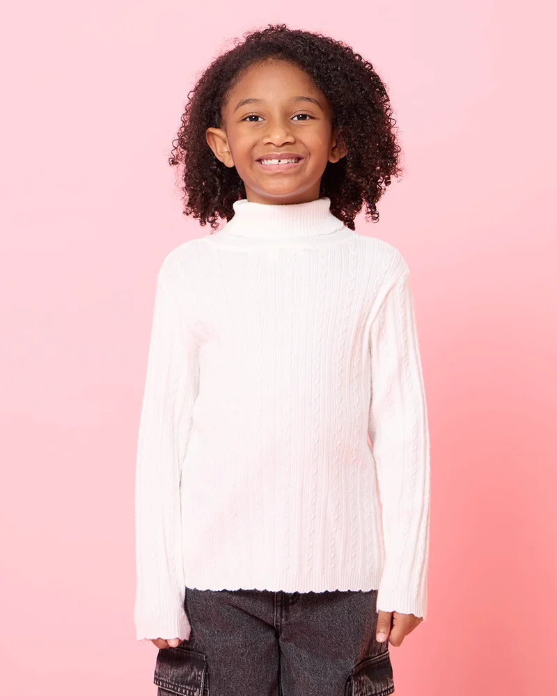 REDTAG Girls White Knitted Pullover