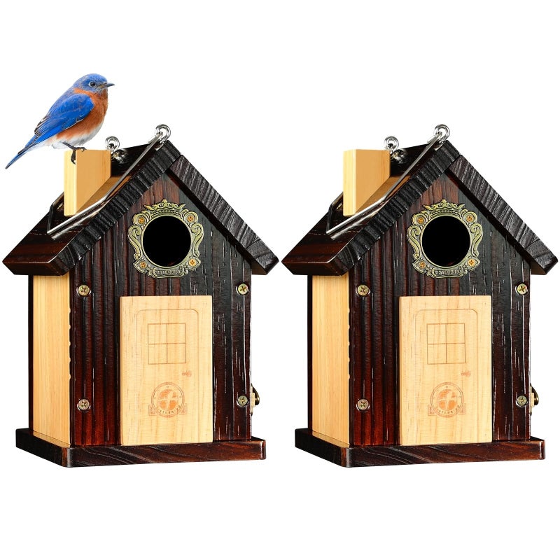 SISTERBIRD Pack of 2 Premium Bluebird Houses for Outside All Seaons Bird Houses for Outside Wooden Cabin Birdhouses for Outdoors Weatherproof Courtyard Decorated Hanging Bird House - Image 2