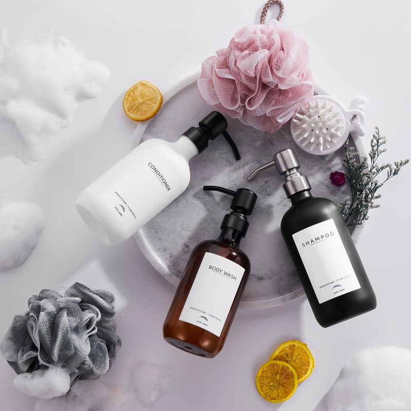 Supforce Shampoo Dispenser for Shower Wall Mount, No Drill Shampoo and Conditioner Dispenser with Matte Pump and Waterproof Labels, Shower Soap Dispenser Wall Mounted for Home Bathroom - Amber - Image 4