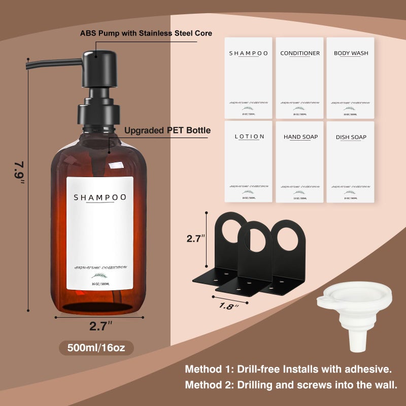 Supforce Shampoo Dispenser for Shower Wall Mount, No Drill Shampoo and Conditioner Dispenser with Matte Pump and Waterproof Labels, Shower Soap Dispenser Wall Mounted for Home Bathroom - Amber - Image 5