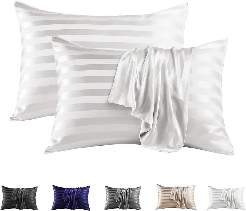 MR&HM Satin Pillowcase for Hair and Skin, Silk Satin Pillowcase 2 Pack, Queen Size Pillow Cases Set of 2, Silky Pillow Cover with Envelope Closure (20x30, Ivory Striped) - Image 1