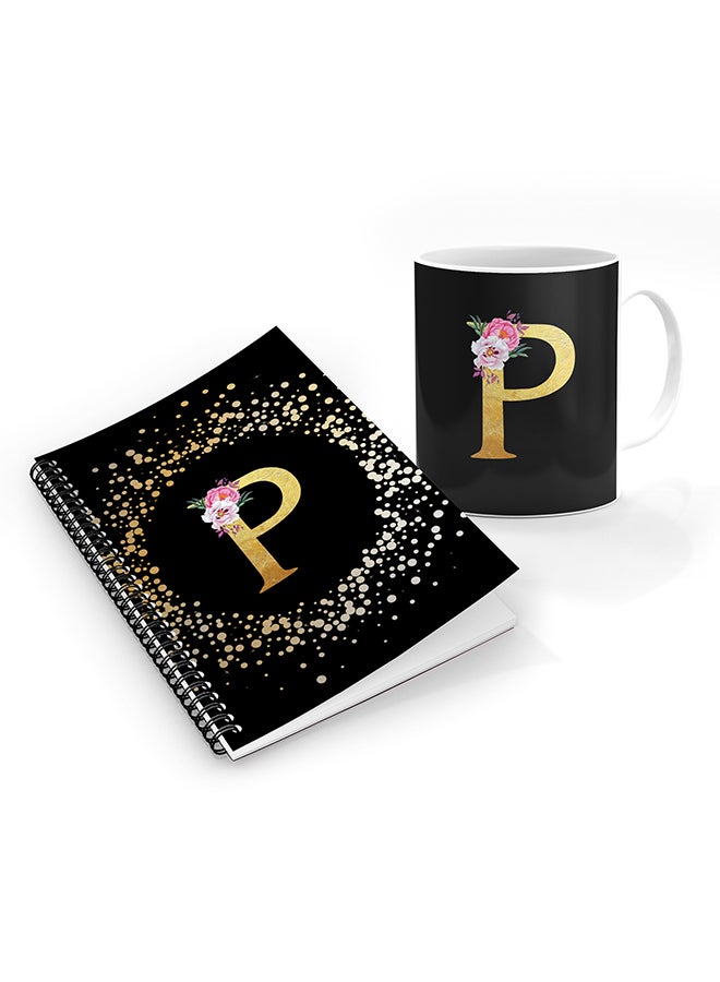 Stylizedd Printed Coffee Mug + A5 Spiral Notebook Memo Personalised Combo Gift Set Custom Monogram Initial Letter Floral Pattern Alphabet -  P (Black)