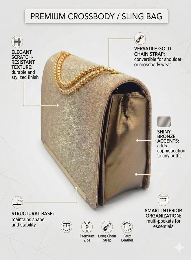 KRIFTY Glitter Sling Bag with Gold Chain Strap, Flap Closure, Evening Crossbody Handbag For Women's/Girls (Gold) - Image 2