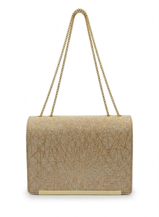 KRIFTY Glitter Sling Bag with Gold Chain Strap, Flap Closure, Evening Crossbody Handbag For Women's/Girls (Gold) - Image 1