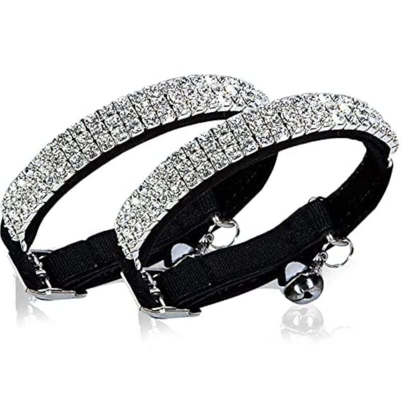 CHUKCHI Soft Velvet Safe Cat Adjustable Collar Bling Diamante with Bells,11 inch for Small Dogs and Cats (Black - 2 Pack) - Image 1