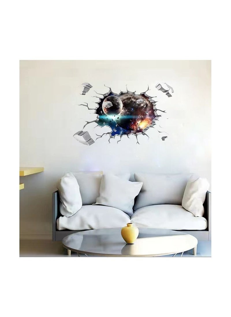 1-Piece 3D Space Planet Pattern Sticker,Broken Wall Window View Effect Removable Sticker,Art Decor Mural