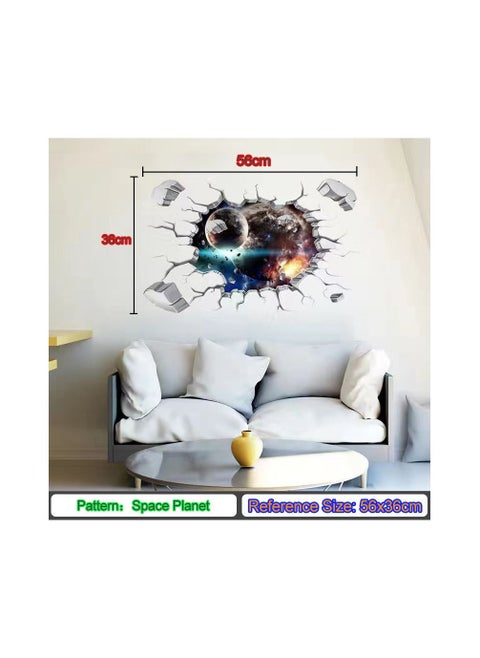1-Piece 3D Space Planet Pattern Sticker,Broken Wall Window View Effect Removable Sticker,Art Decor Mural