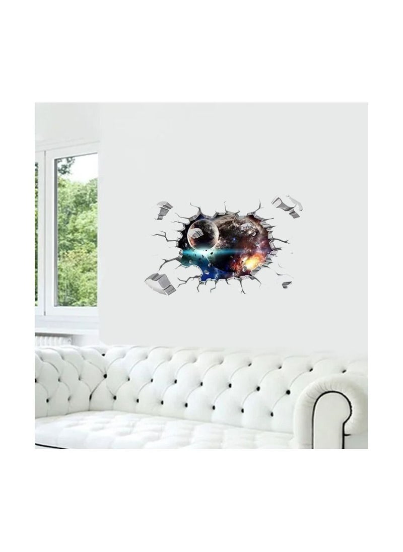1-Piece 3D Space Planet Pattern Sticker,Broken Wall Window View Effect Removable Sticker,Art Decor Mural