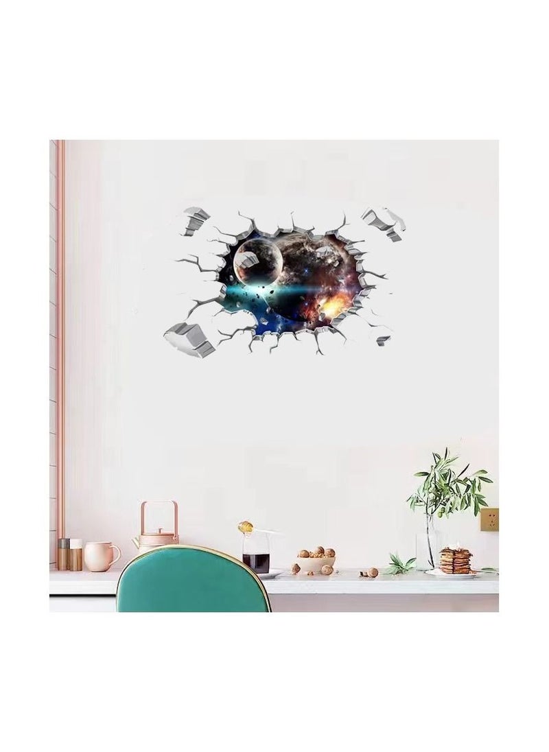 1-Piece 3D Space Planet Pattern Sticker,Broken Wall Window View Effect Removable Sticker,Art Decor Mural