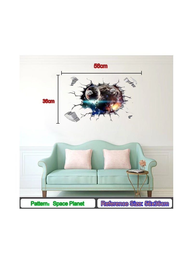 1-Piece 3D Space Planet Pattern Sticker,Broken Wall Window View Effect Removable Sticker,Art Decor Mural