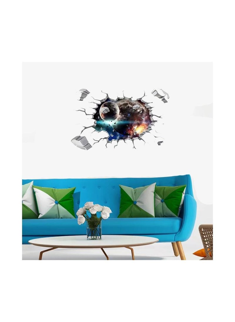 1-Piece 3D Space Planet Pattern Sticker,Broken Wall Window View Effect Removable Sticker,Art Decor Mural