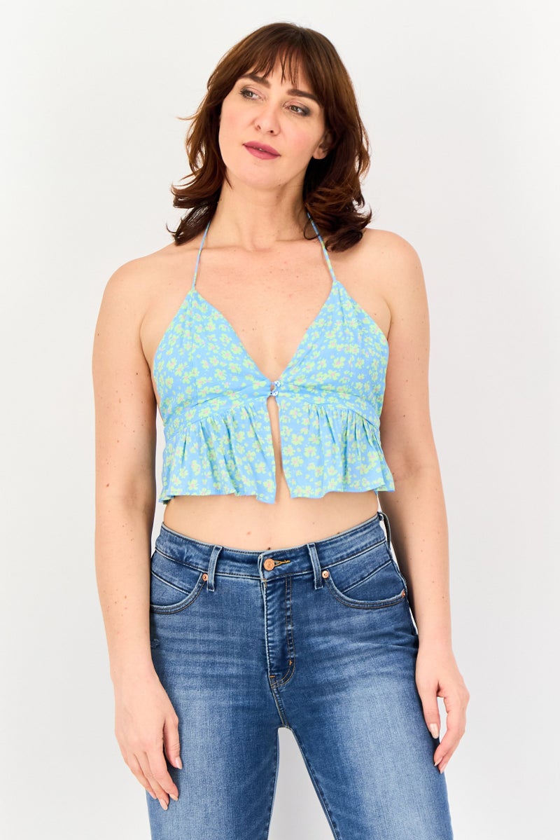 Bershka Women Tie Neck Sleeveless Floral Print Tank Top, Multicolor - Image 1