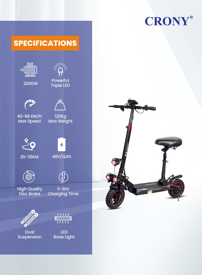 Crony T4 Big LCD Display Foldable Electric Scooter with seat | Speed up to 65KM/H | Range up to 35 KM | Dual Suspension | 2000W Motor - Image 2