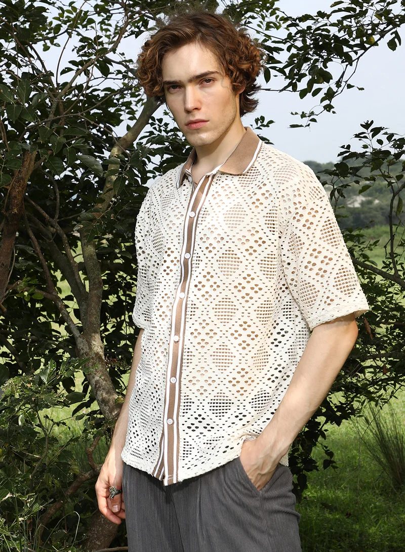 كامبوس سوترا Men's Saltbox Beige Geometric-Knit Oversized Shirt