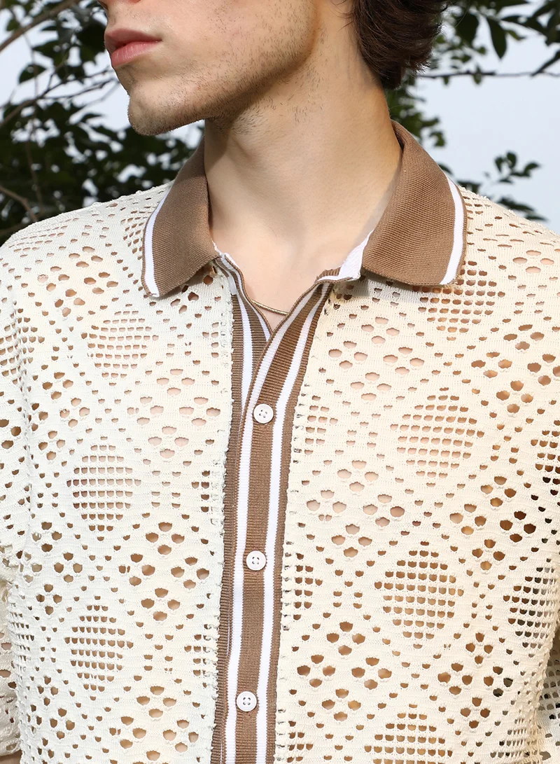 كامبوس سوترا Men's Saltbox Beige Geometric-Knit Oversized Shirt