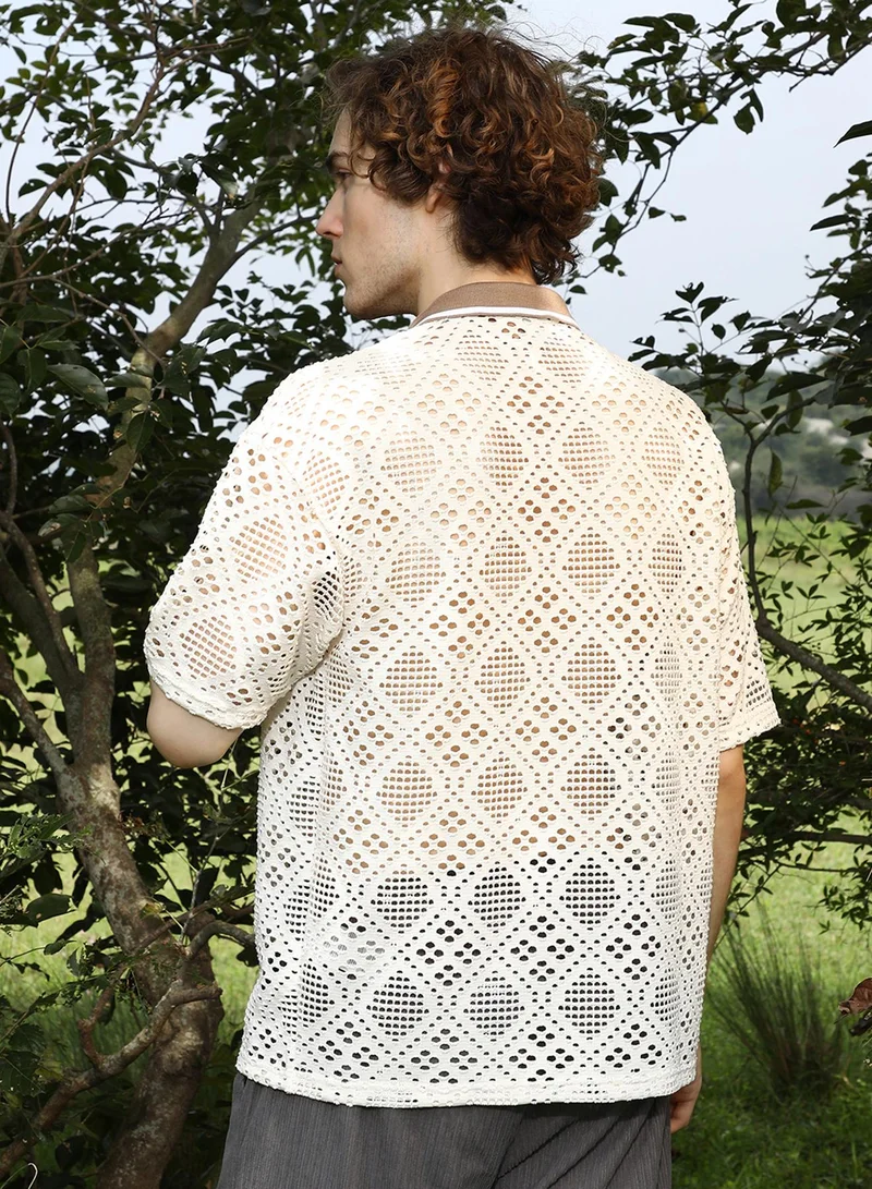 كامبوس سوترا Men's Saltbox Beige Geometric-Knit Oversized Shirt