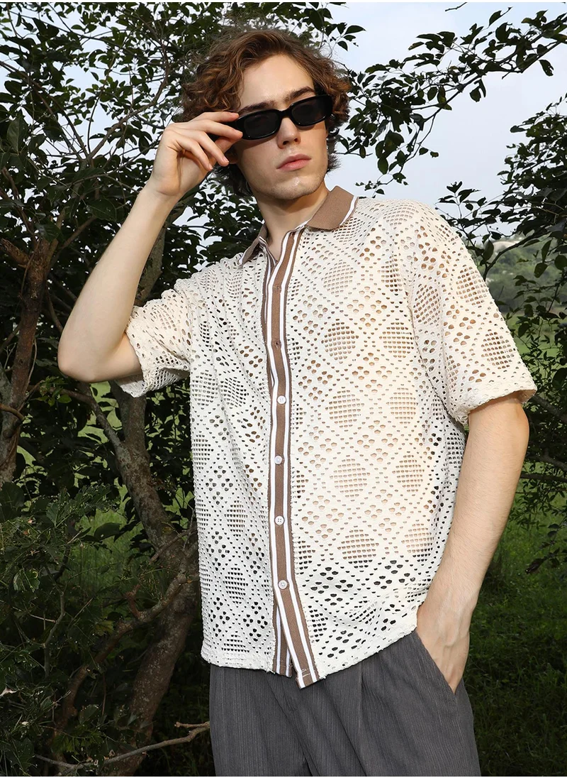 كامبوس سوترا Men's Saltbox Beige Geometric-Knit Oversized Shirt