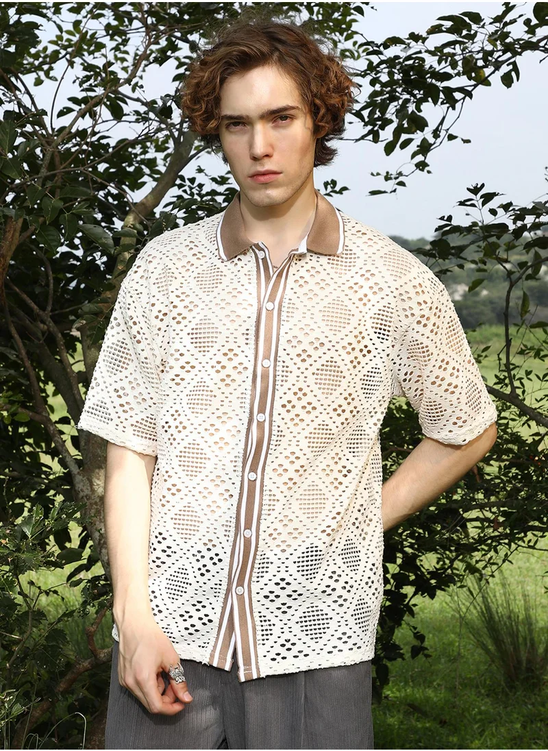 كامبوس سوترا Men's Saltbox Beige Geometric-Knit Oversized Shirt