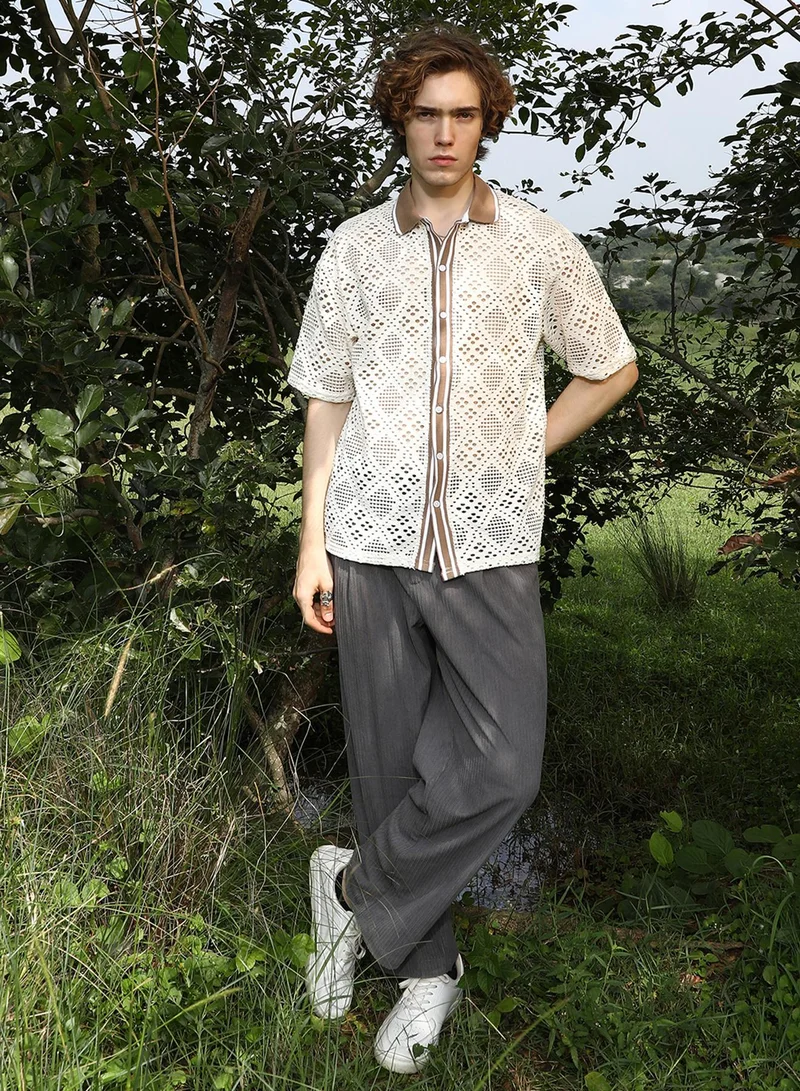 كامبوس سوترا Men's Saltbox Beige Geometric-Knit Oversized Shirt