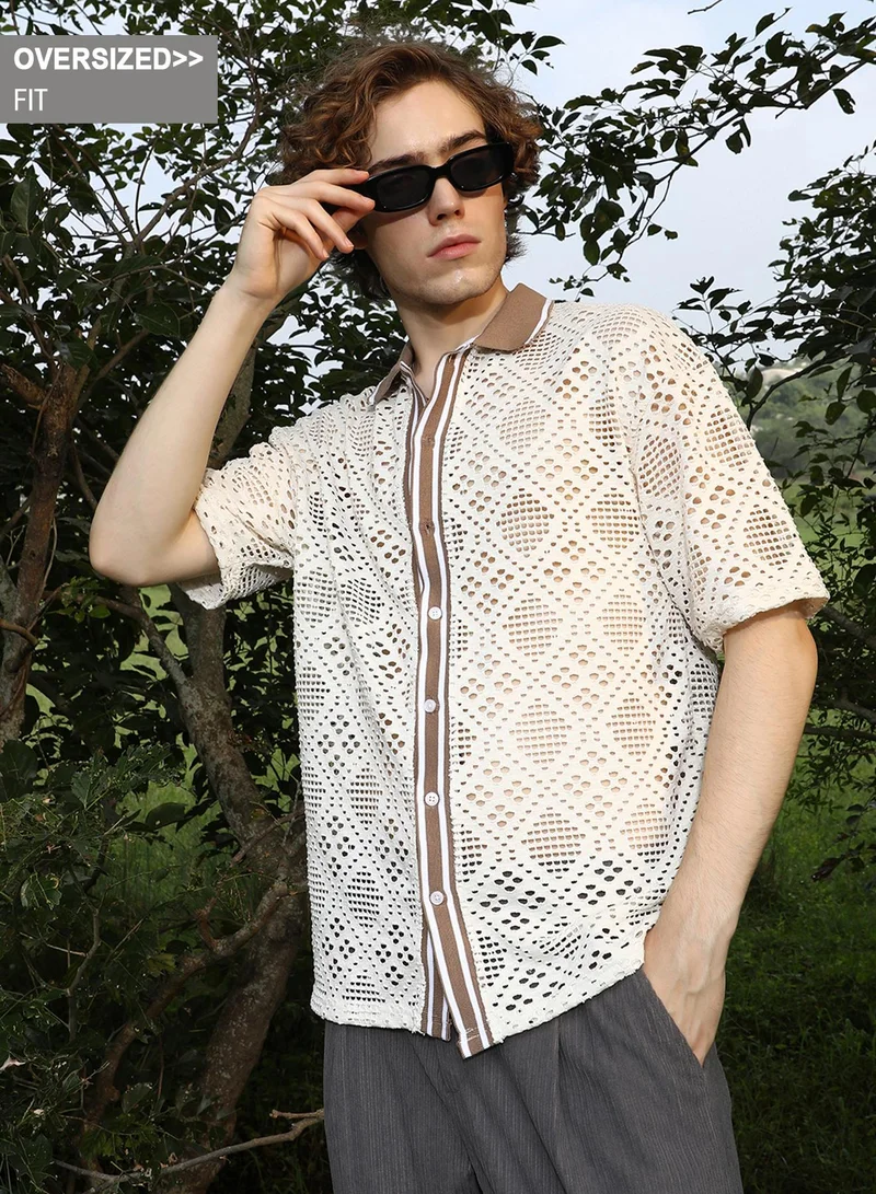 Campus Sutra Campus Sutra Men's Saltbox Beige Geometric-Knit Oversized Shirt For Casual Wear | Polo Neck | Short Regular Sleeves | Button Closure | Shirt Crafted With Comfort Fit For Everyday Wear