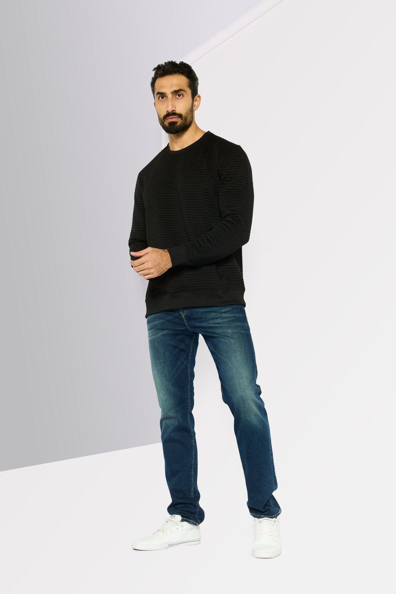 DKNY Men Crew Neck Textured Long Sleeves Sweatshirt, Black - Image 2