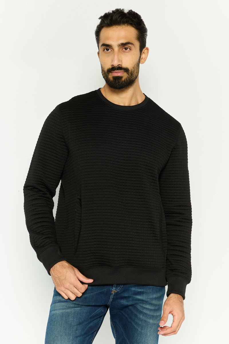 DKNY Men Crew Neck Textured Long Sleeves Sweatshirt, Black - Image 1