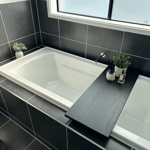Runam Woods Runam Woods Modern Solid Wood Bathtub TrayCaddy Tub Tray TableRack for Bath Accessories Shower Caddy Home Spa Tray Bath Shelf Black 32 x 9  - Image 1