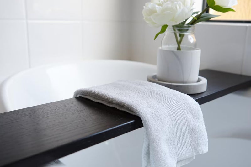 Runam Woods Runam Woods Modern Solid Wood Bathtub TrayCaddy Tub Tray TableRack for Bath Accessories Shower Caddy Home Spa Tray Bath Shelf Black 32 x 9  - Image 4