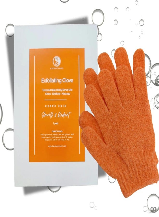 Harmony N More Exfoliating Glove – Shower Gloves & Body Scrubber Mitt for Women & Men – Textured Nylon Exfoliating Mitt for Shower – Scrub Gloves Exfoliating Dead Skin Remover – 1 Pair Orange - Image 1