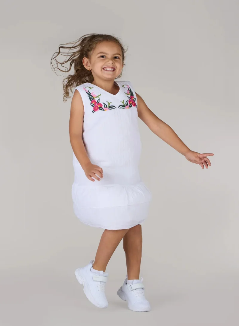 Just Nature white Flover Embroidered Ruffled Hem Dress for Women | Best Price UAE