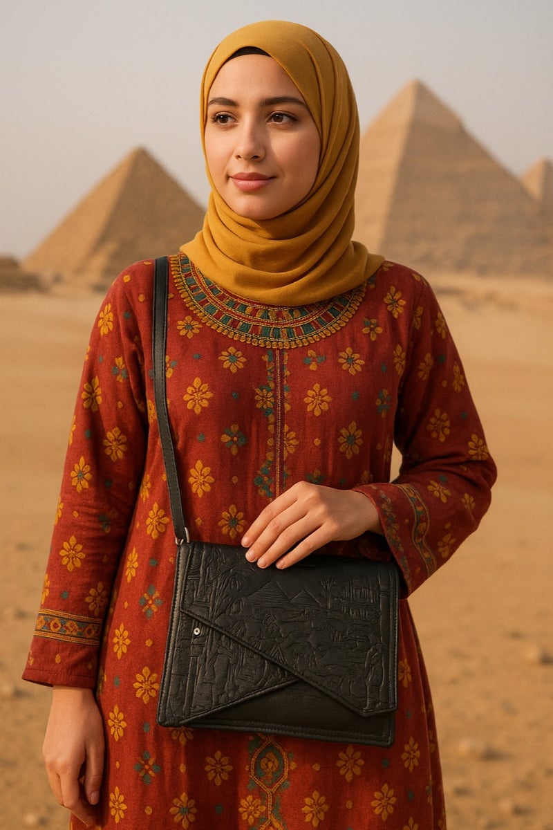 Genuine Leather Women's Shoulder & Crossbody Bag with Bold Pharaonic Artwork"  - Image 5