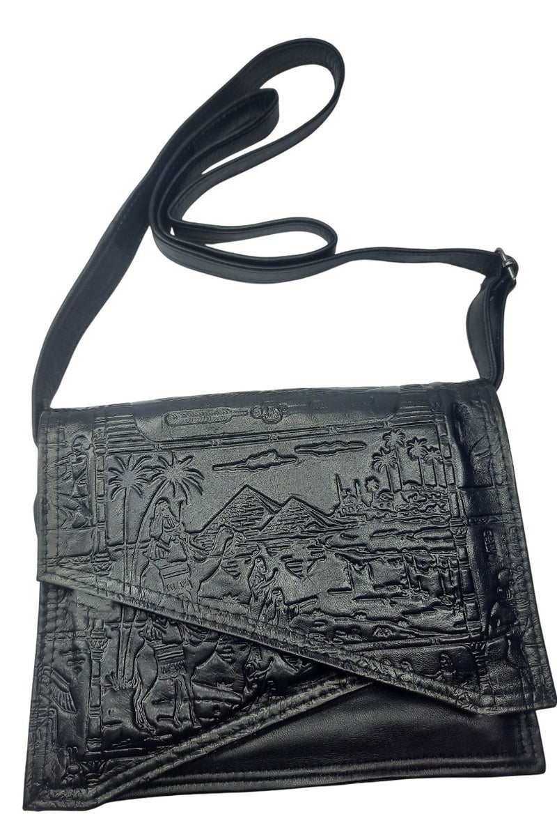 Genuine Leather Women's Shoulder & Crossbody Bag with Bold Pharaonic Artwork"  - Image 1