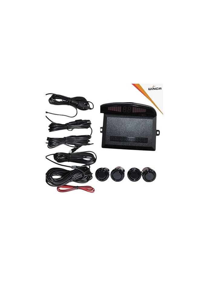 رويال ROYAL - مستشعر مواقف السيارات Winca 4 أجهزة استشعار للمساعدة العكسية التلقائية، نظام كاشف الرادار الاحتياطي، شاشة رقمية باللون الأحمر، أشرطة على الوجهين، صندوق التحكم في كابل الطاقة 12 فولت (أحمر) - Image 4