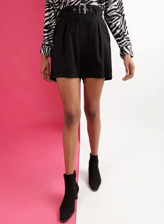 Women Flared Casual Solid Belted Shorts