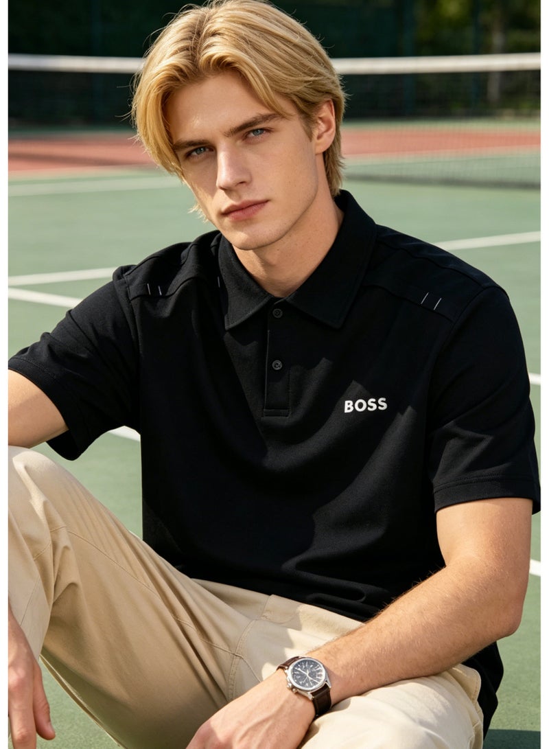 BOSS Men's Short Sleeve Polo Shirt, Classic Regular Fit, Breathable Pique Cotton, Chest Printed Logo, Black - Image 4