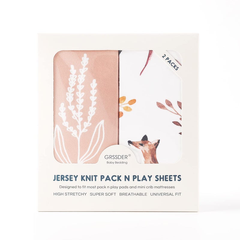 GRSSDER Stretchy Ultra Soft Jersey Knit Fitted Pack n Play Sheets Set 2 Pack, Fit Portable/Mini Crib, Playards Mattress Pads Safe and Snug, Pretty Fox for Baby Girls - Image 4