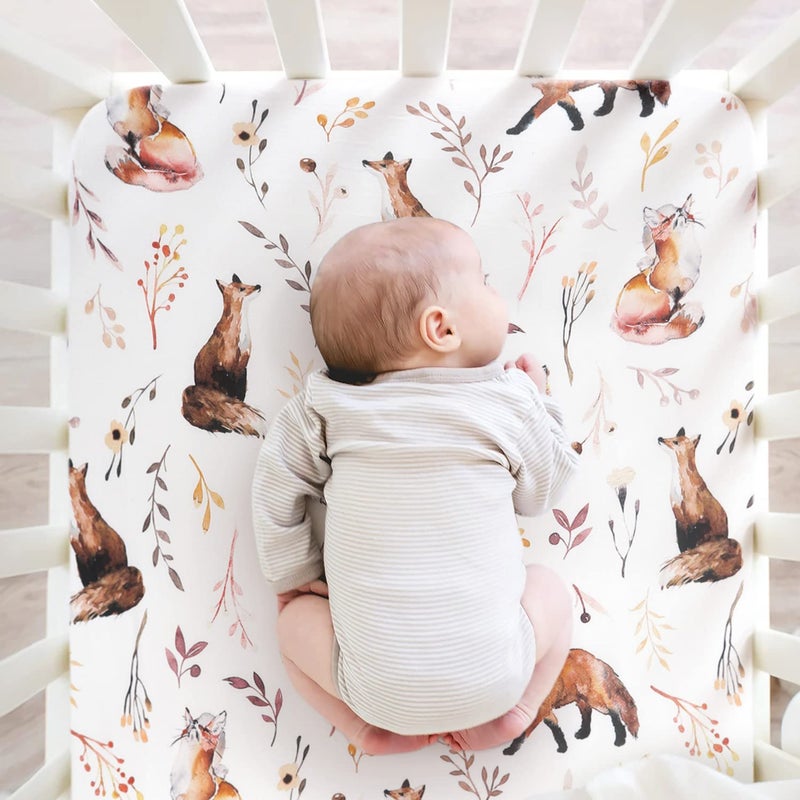 GRSSDER Stretchy Ultra Soft Jersey Knit Fitted Pack n Play Sheets Set 2 Pack, Fit Portable/Mini Crib, Playards Mattress Pads Safe and Snug, Pretty Fox for Baby Girls - Image 3