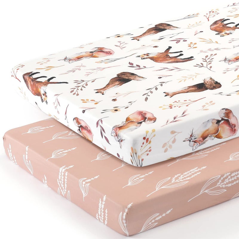 GRSSDER Stretchy Ultra Soft Jersey Knit Fitted Pack n Play Sheets Set 2 Pack, Fit Portable/Mini Crib, Playards Mattress Pads Safe and Snug, Pretty Fox for Baby Girls - Image 2